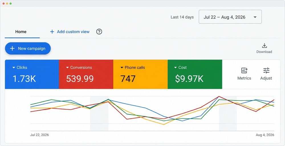 Google Ads 14-day performance: 747 phone calls